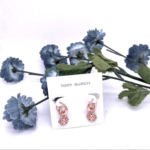 NWOT Tory Burch Octagon Rose Gold Pave Hoop Drop Hoop Earirng - Picture 2 of 7